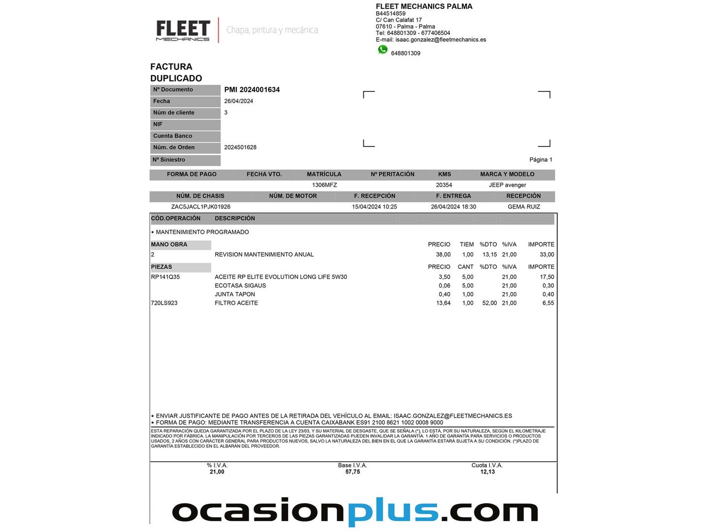 Foto del mantenimiento del Jeep Avenger Jeep Avenger 1.2 G Summit (100 CV)
