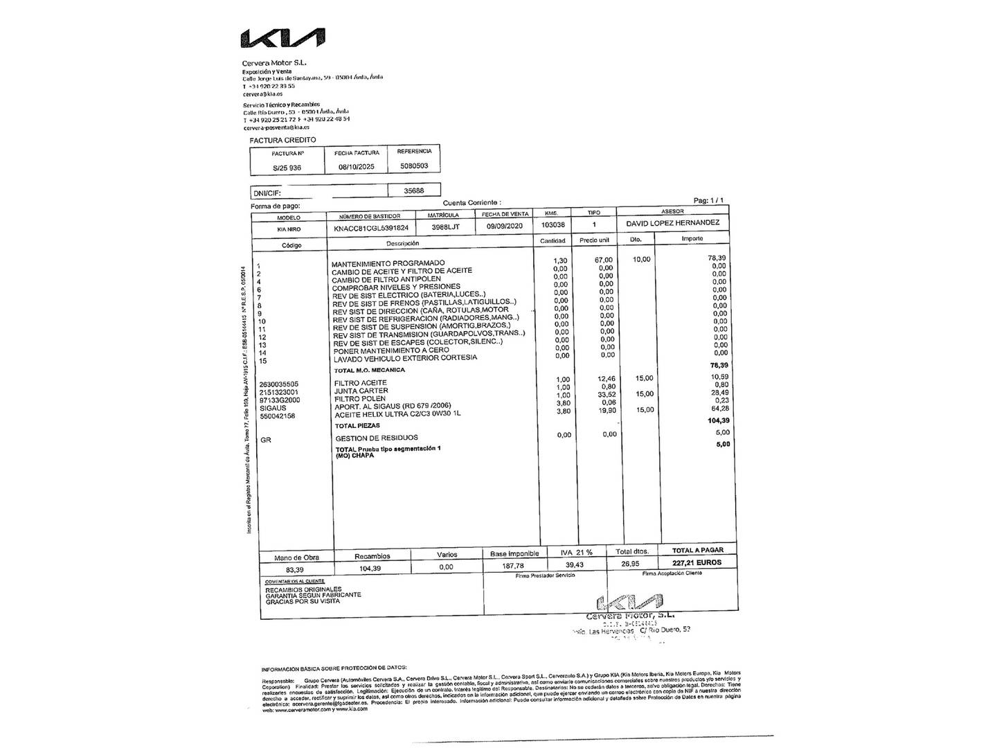 Foto del mantenimiento del KIA Niro KIA Niro 1.6 GDi HEV Emotion (141 CV)