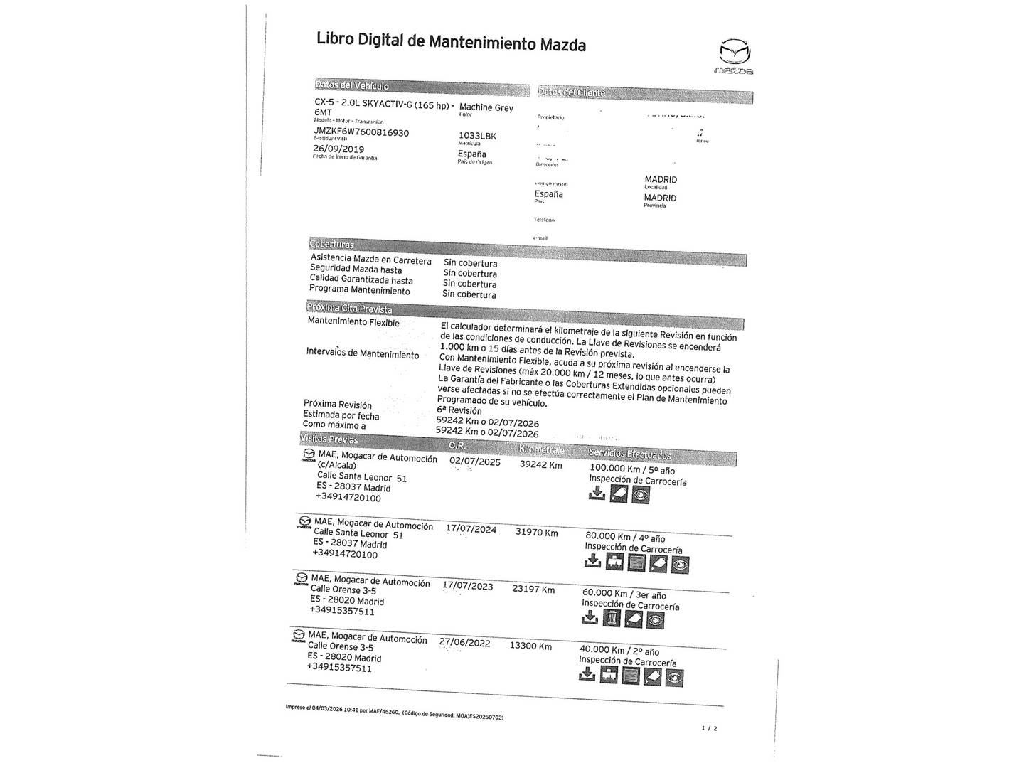 Foto del mantenimiento del Mazda CX-5 Mazda CX-5 2.0 G Zenith 2WD (165 CV)