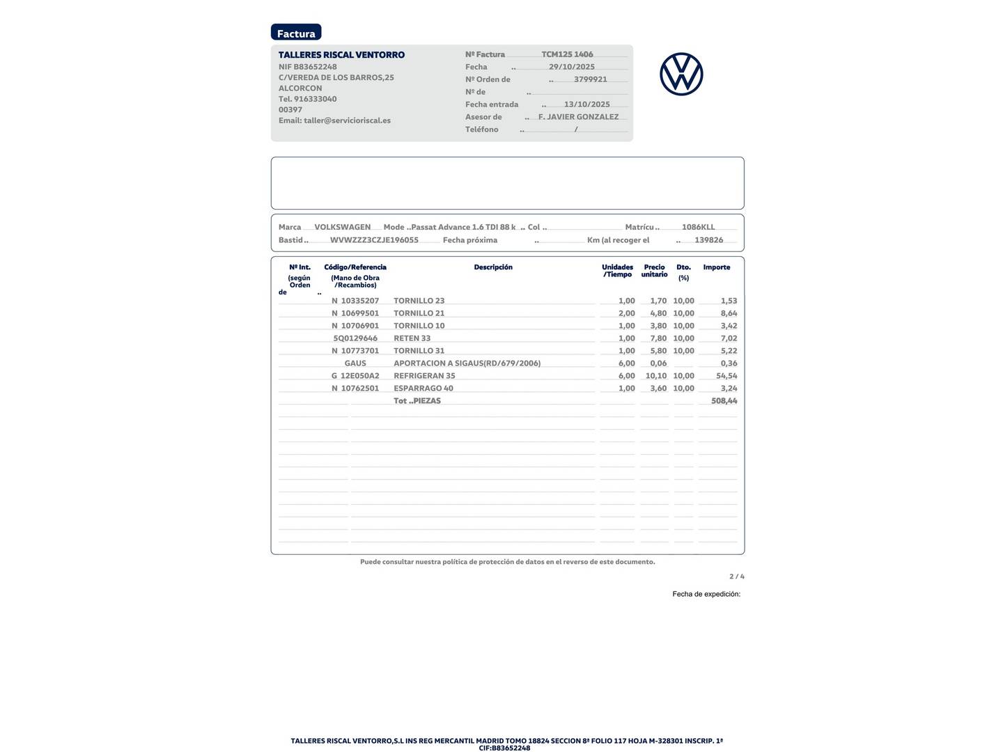 Foto del mantenimiento del Volkswagen Passat Volkswagen Passat Advance 1.6 TDI (120 CV)