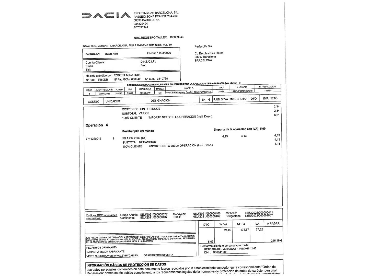 Foto del mantenimiento del Dacia Sandero Dacia Sandero Stepway Comfort TCe (91 CV) CVT