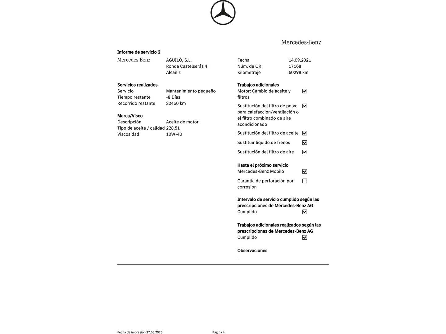 Foto del mantenimiento del Mercedes Clase V Mercedes Clase V 220 d Largo (163 CV) Camper 6 Plazas
