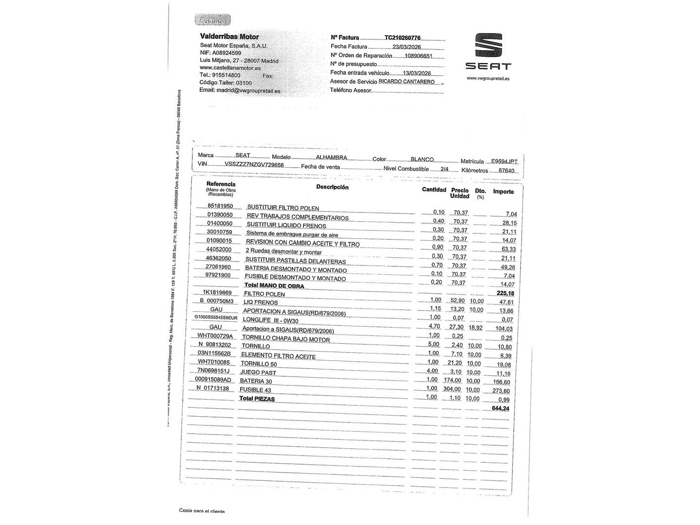 Foto del mantenimiento del Seat Alhambra Seat Alhambra 2.0 TDI Ecomotive S/S Reference Plus (150 CV) 7 Plazas