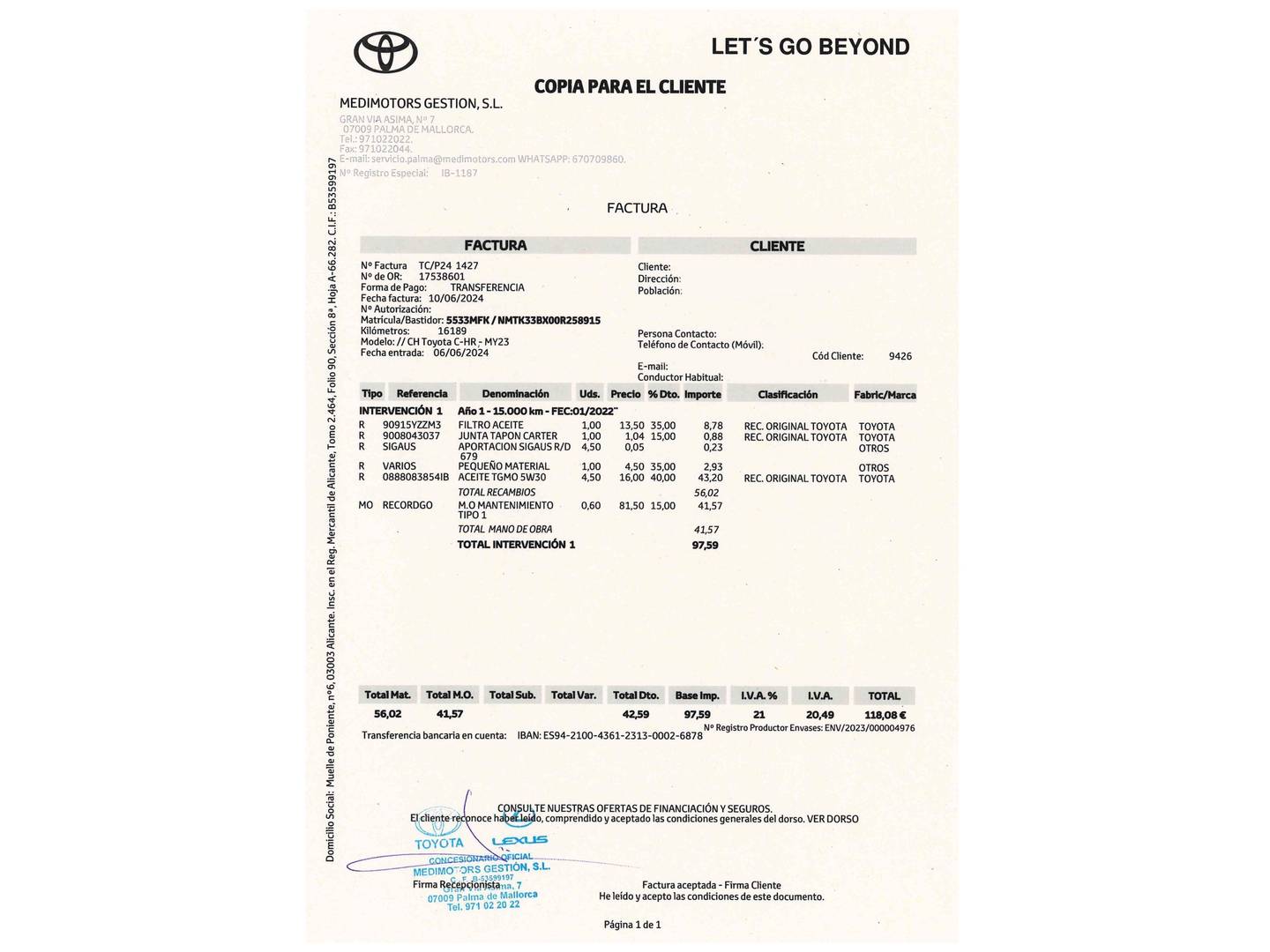 Foto del mantenimiento del Toyota C-HR Toyota C-HR 1.8 125H Advance (122 CV)