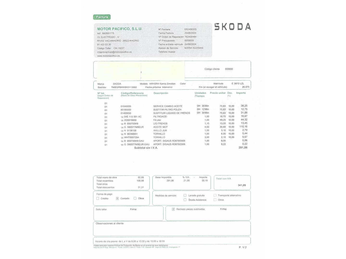 Foto del mantenimiento del Skoda Kamiq Skoda Kamiq 1.0 TSI Ambition (95 CV)