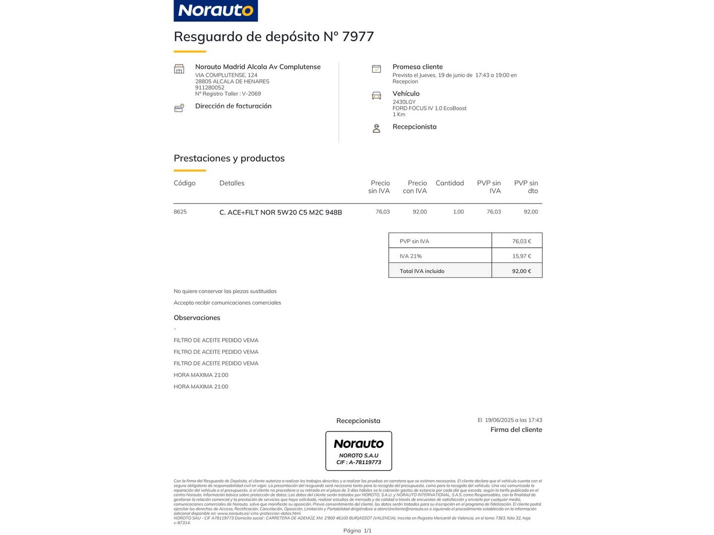 Foto del mantenimiento del Ford Focus Ford Focus 1.0 Ecoboost S&S ST-Line (125 CV)
