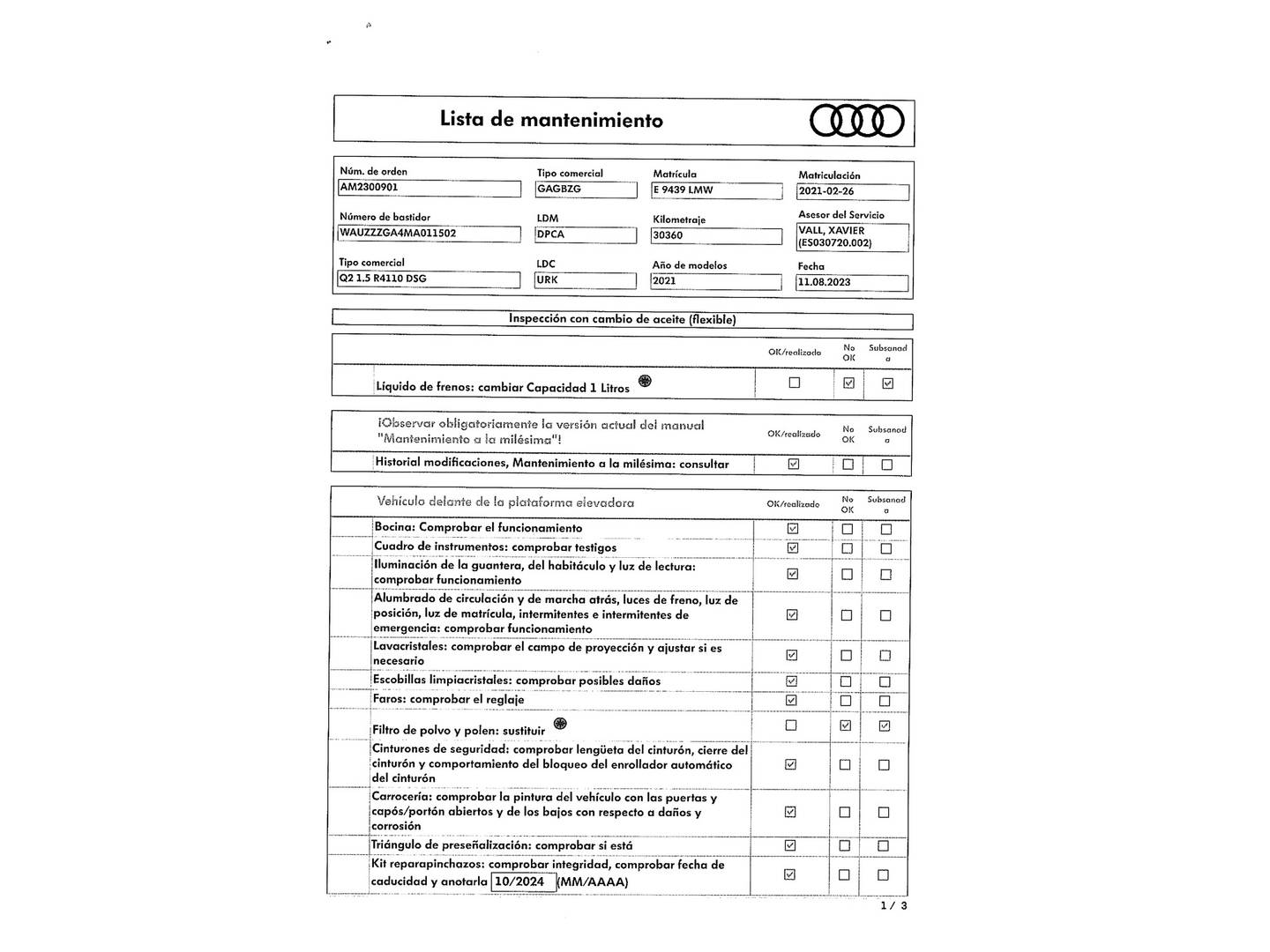 Foto del mantenimiento del Audi Q2 Audi Q2 Advanced 35 TFSI (150 CV) S tronic