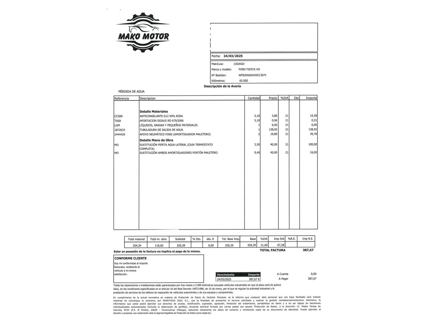 Foto del mantenimiento del Ford Fiesta Ford Fiesta 1.1 Ti-VCT Trend+ (85 CV)