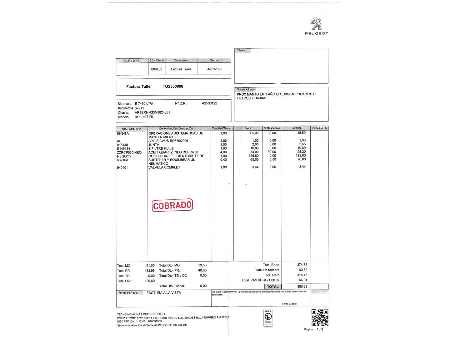 Foto del mantenimiento del Peugeot Rifter Peugeot Rifter PureTech 130 GT Standard EAT8 (130 CV)