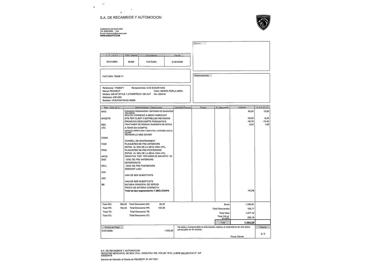 Foto del mantenimiento del Peugeot 308 Peugeot 308 PureTech 130 S&S Style S EAT6 (130 CV)