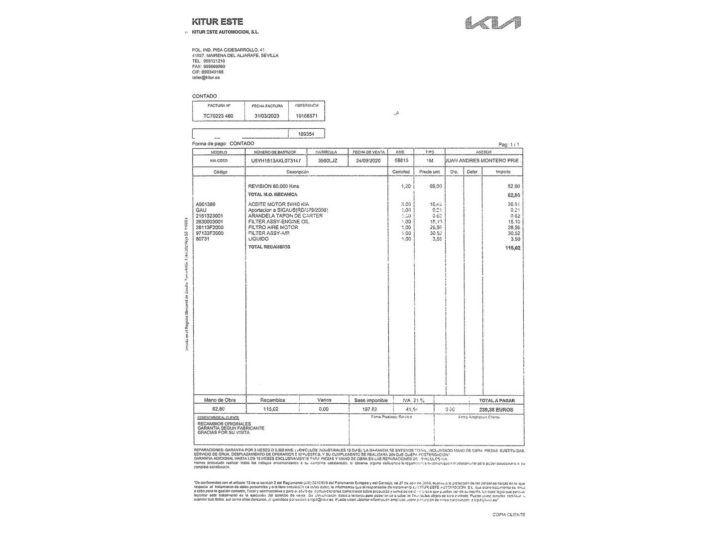 Foto del mantenimiento del KIA Ceed KIA Ceed 1.4 CVVT (100 CV)
