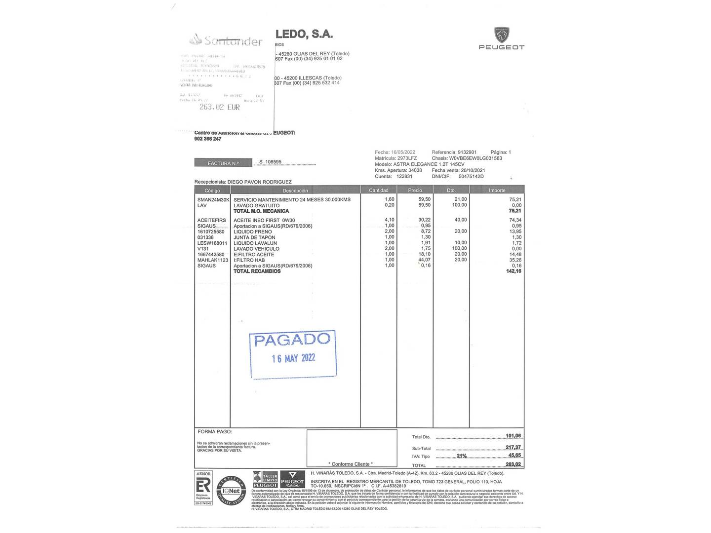 Foto del mantenimiento del Opel Astra Opel Astra 1.2 Turbo SHR Elegance (145 CV)