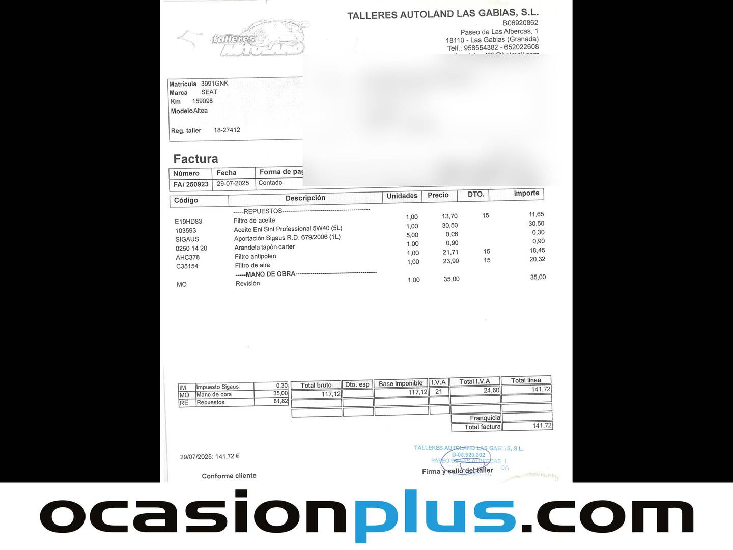 Foto del mantenimiento del Seat Altea Seat Altea 1.9 TDI Reference (105 CV)