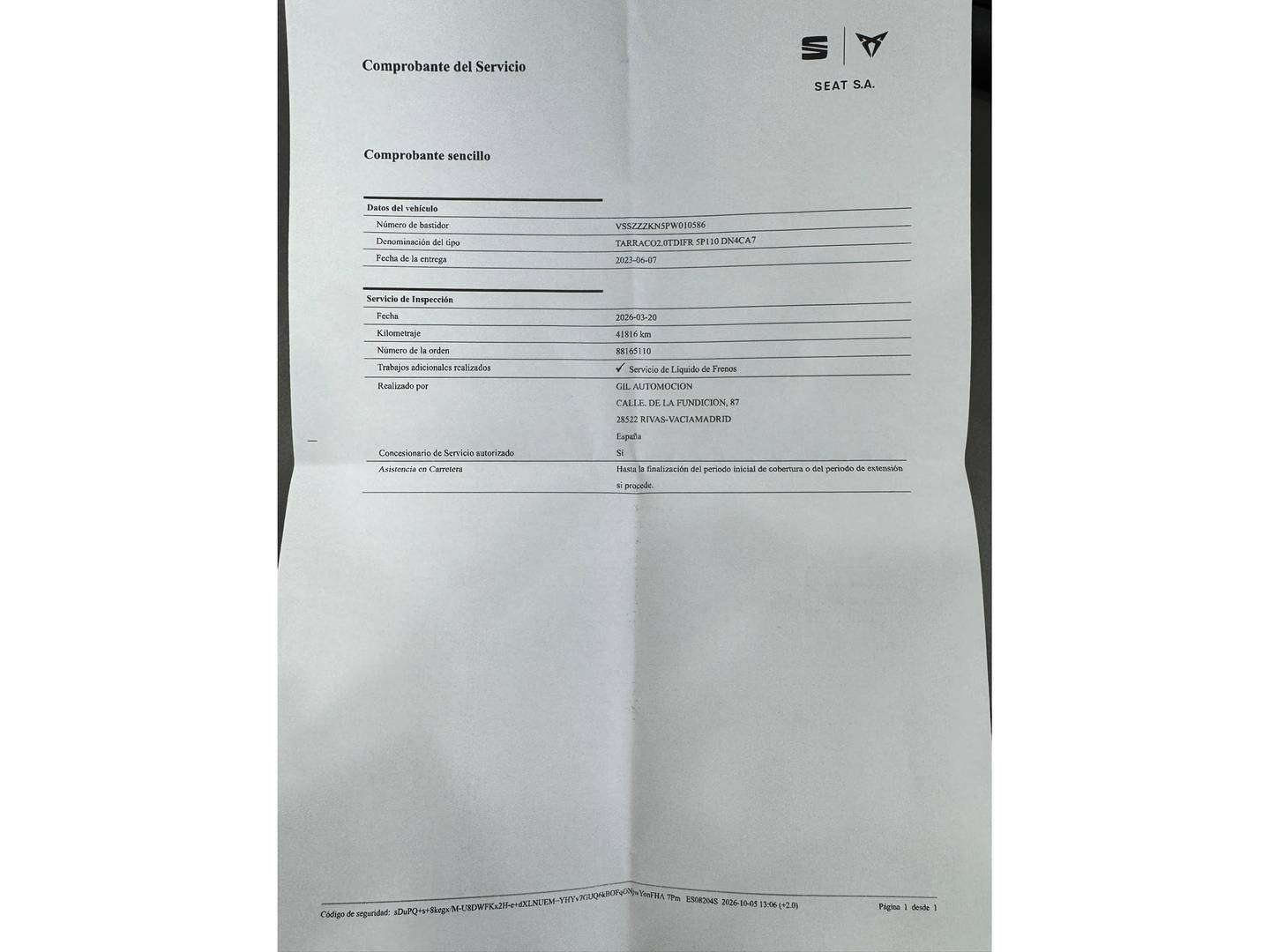Foto del mantenimiento del Seat Tarraco Seat Tarraco 2.0 TDI S&S FR XL DSG (150 CV) 7 plazas