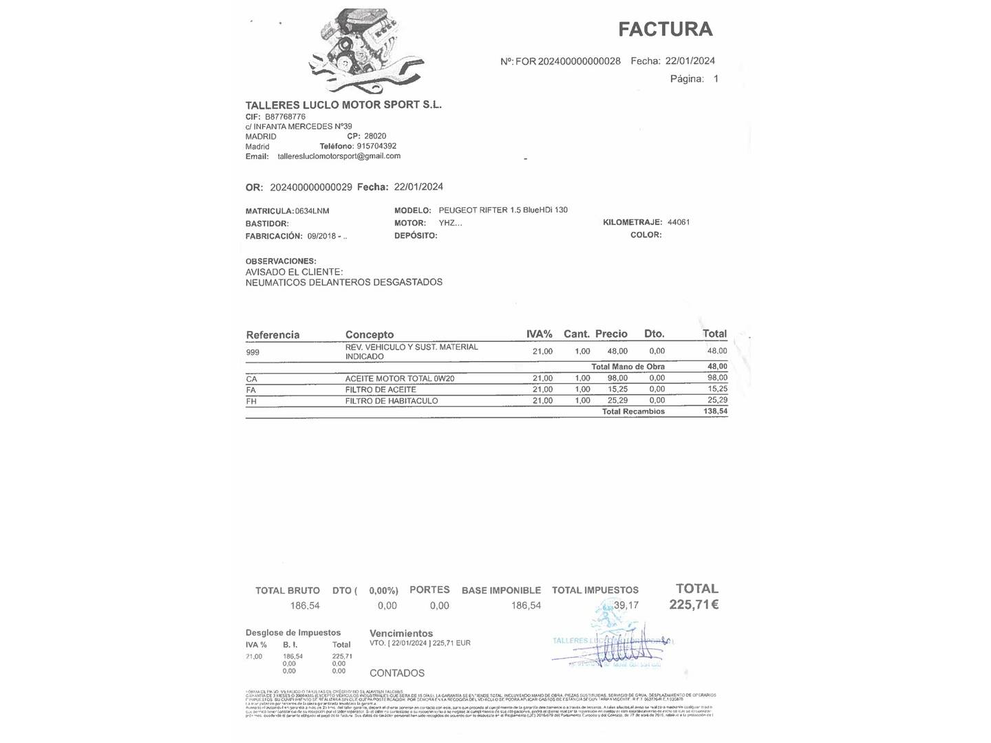 Foto del certificado del Peugeot Rifter Peugeot Rifter BlueHDi 130 Allure Pack Long (130 CV)