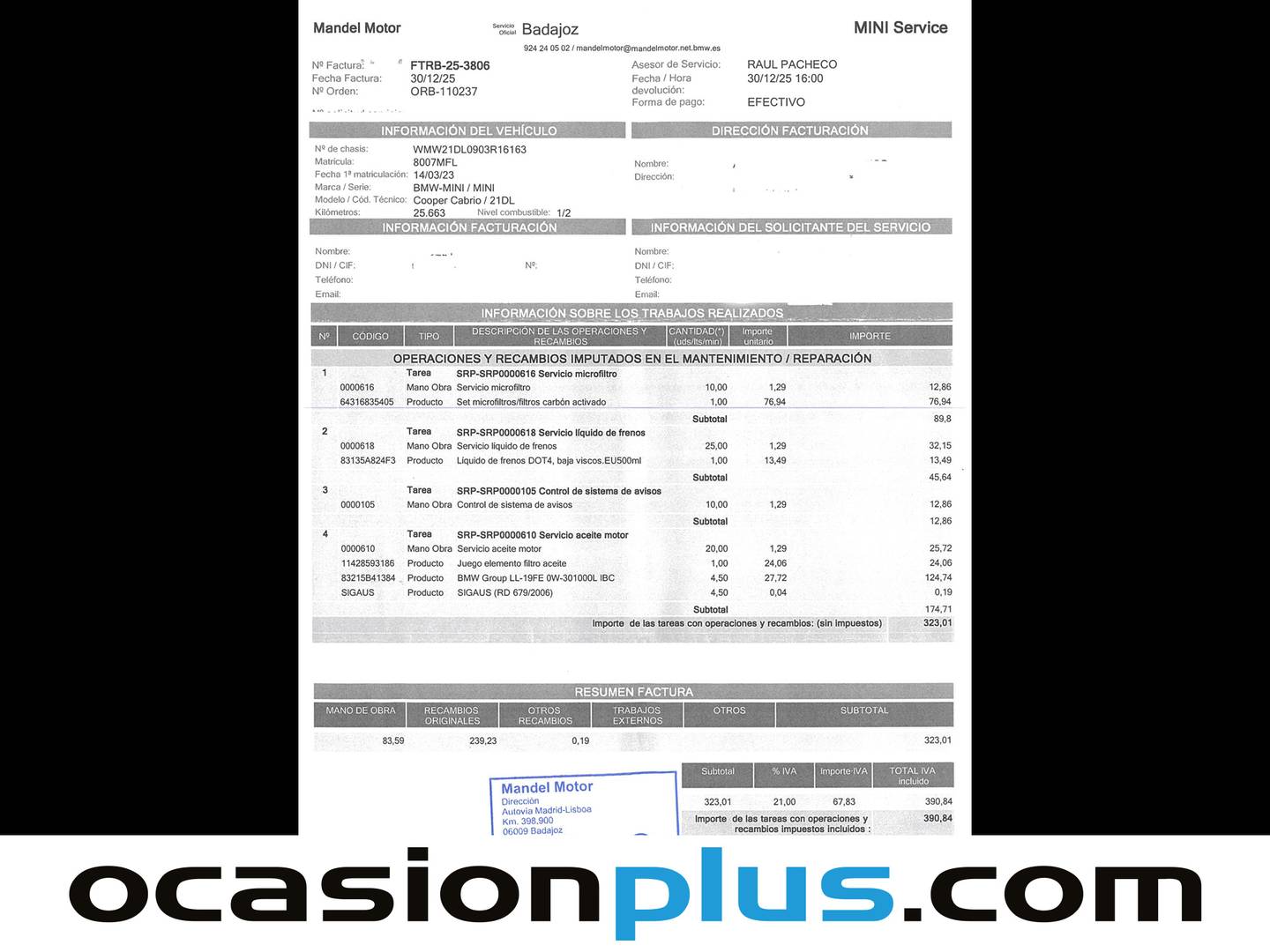 Foto del mantenimiento del Mini MINI MINI MINI Cooper Cabrio Cooper Cabrio (136 CV)