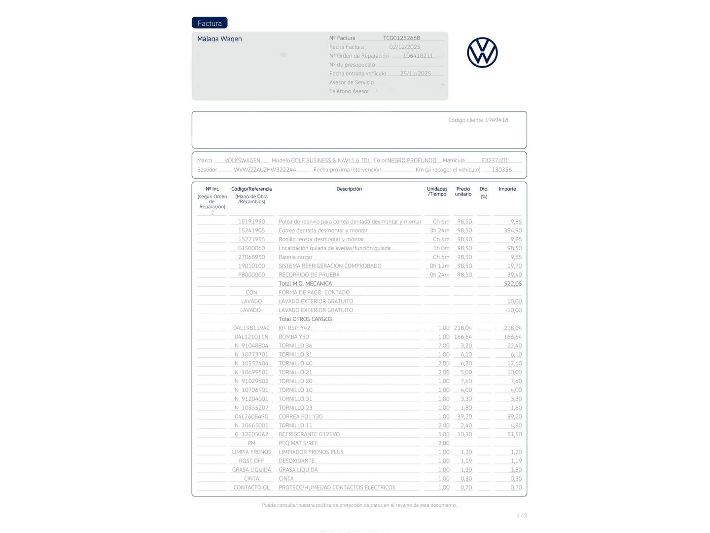 Foto del mantenimiento del Volkswagen Golf Volkswagen Golf Business & Navi 1.6 TDI (115 CV)