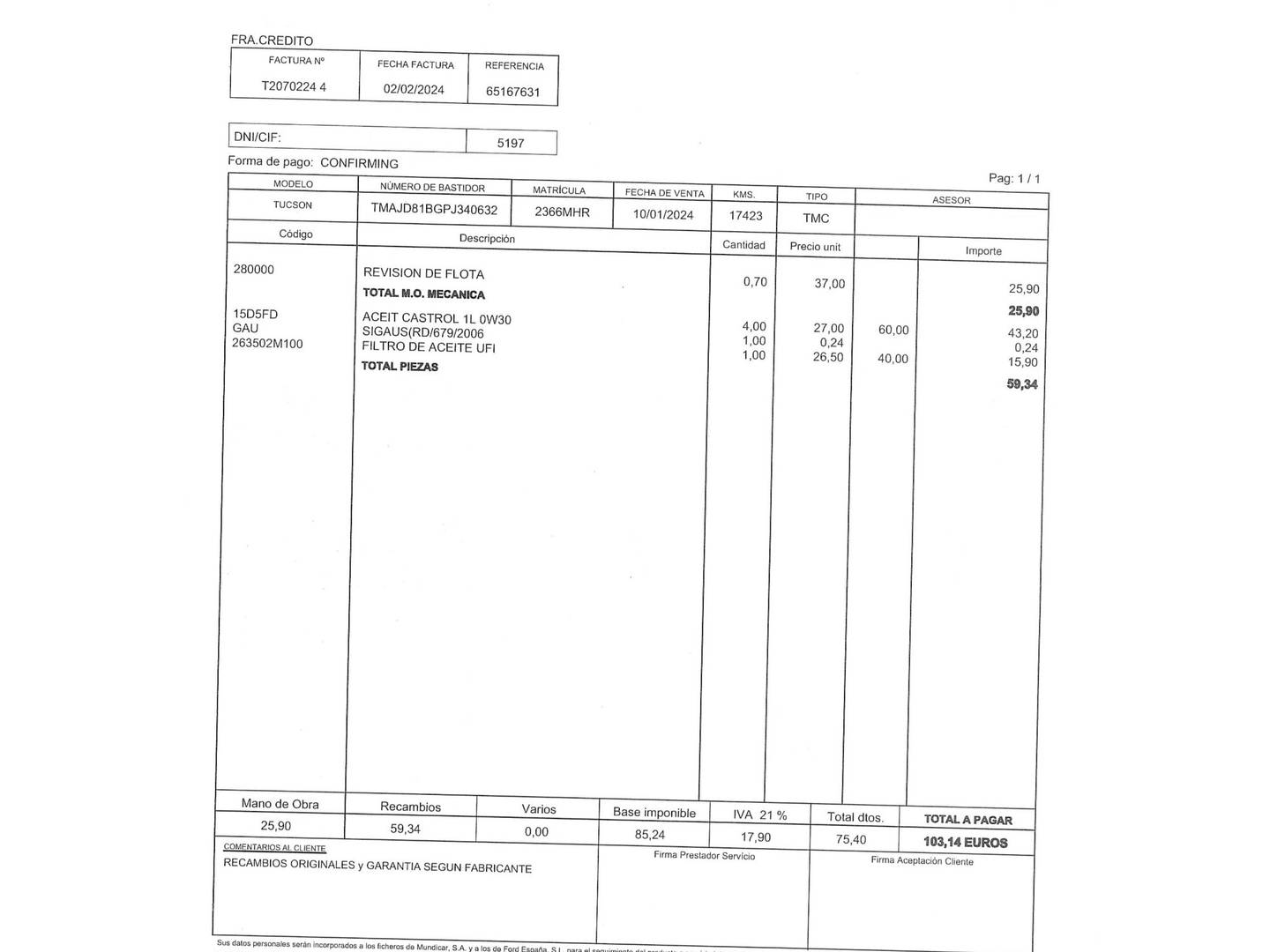Foto del mantenimiento del Hyundai Tucson Hyundai Tucson 1.6 TGDI 48V Tecno Sky DCT (150 CV)