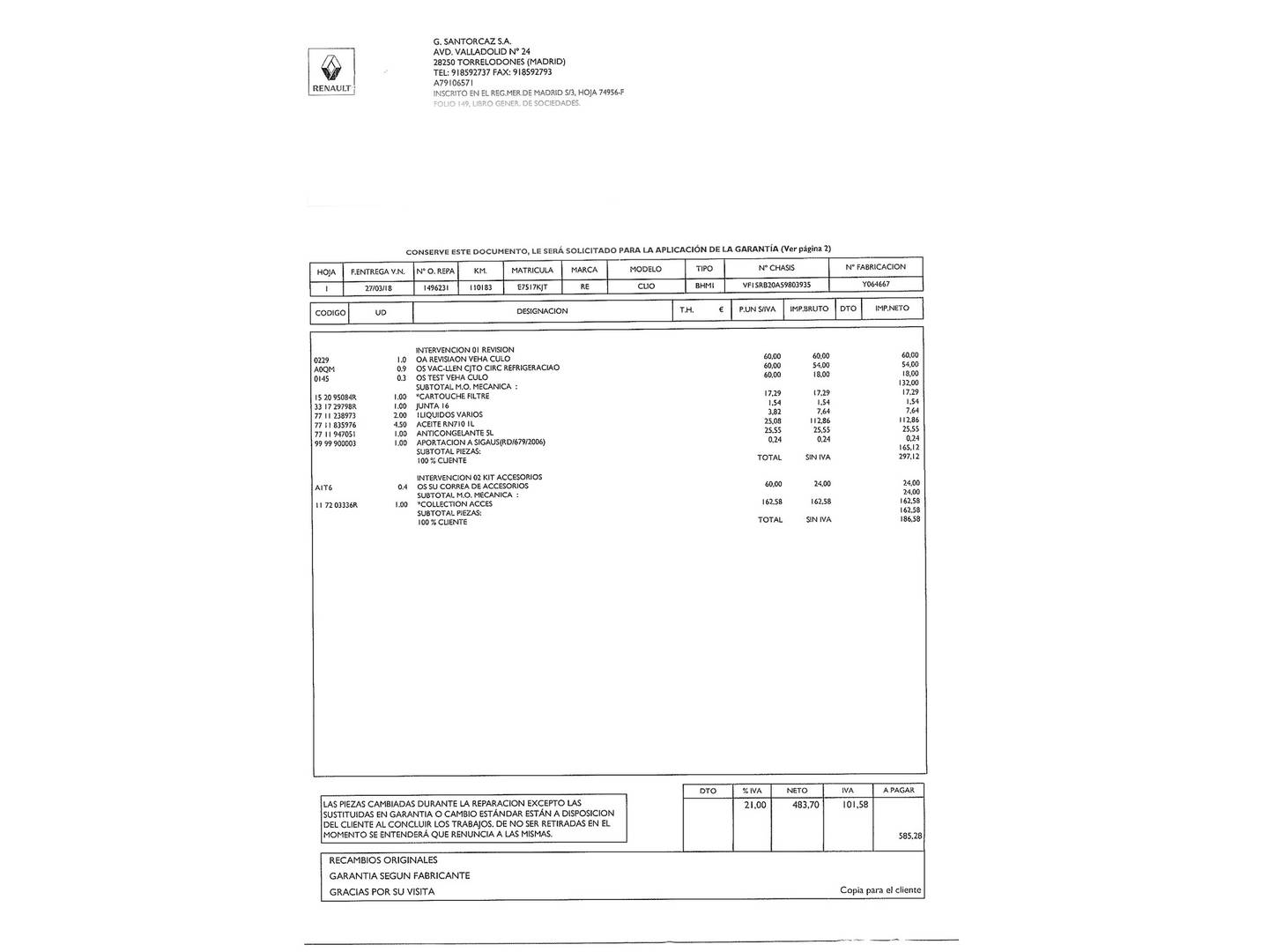 Foto del mantenimiento del Renault Clio Renault Clio Limited Energy TCe (90 CV)