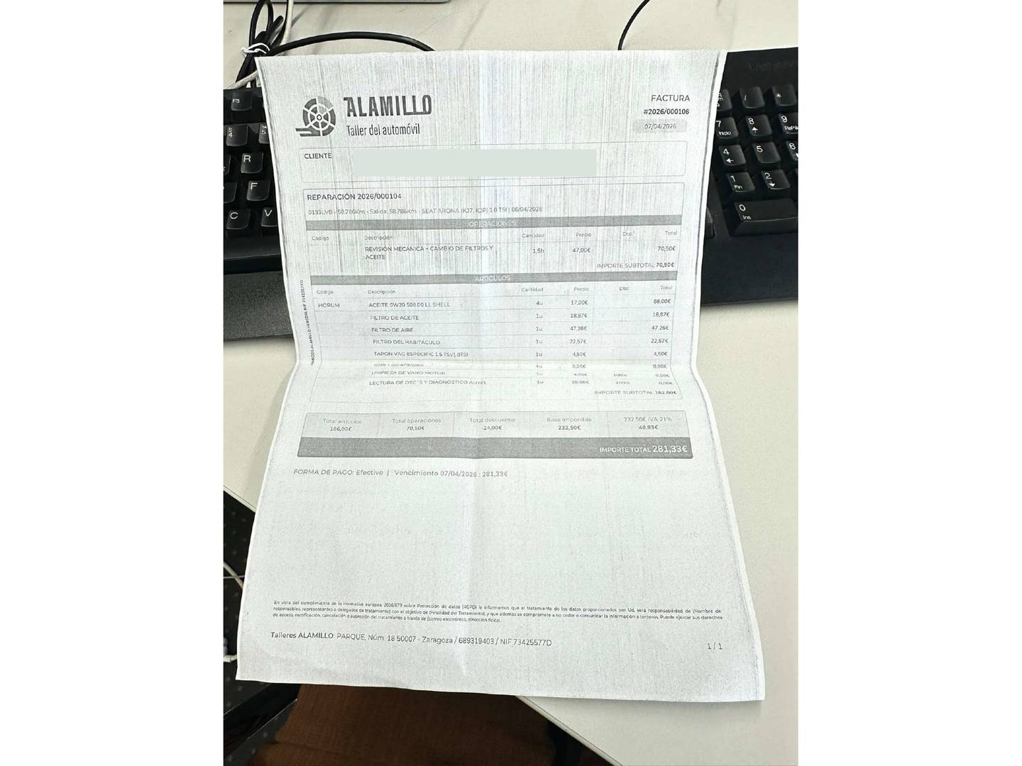 Foto del mantenimiento del Seat Arona Seat Arona 1.0 TSI S&S FR Plus (110 CV)