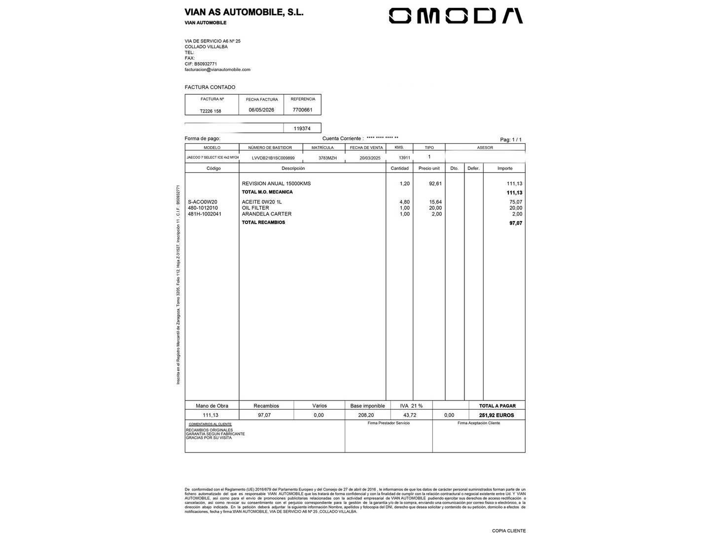 Foto del mantenimiento del JAECOO 7 JAECOO 7 1.6 TGDI Select FWD (145 CV)
