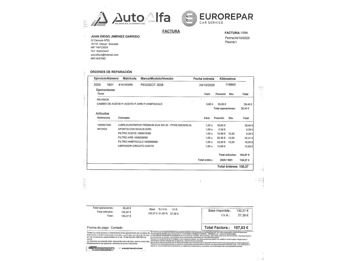 Foto del mantenimiento del Peugeot 3008 Peugeot 3008 PureTech 130 Allure EAT8 (130 CV)