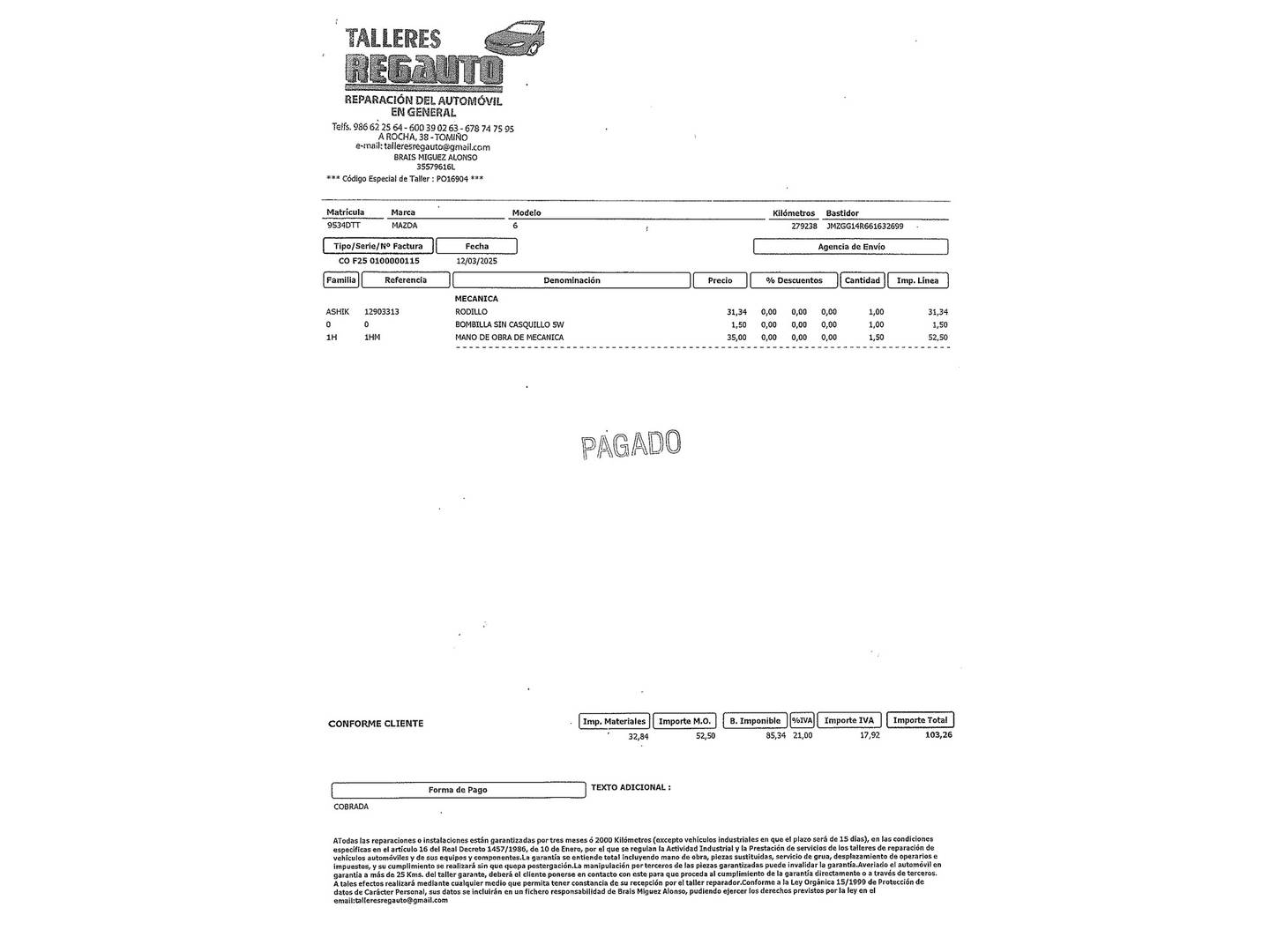 Foto del mantenimiento del Mazda Mazda6 Mazda Mazda 6 2.0 CRTD 16v Sportive (143 CV)