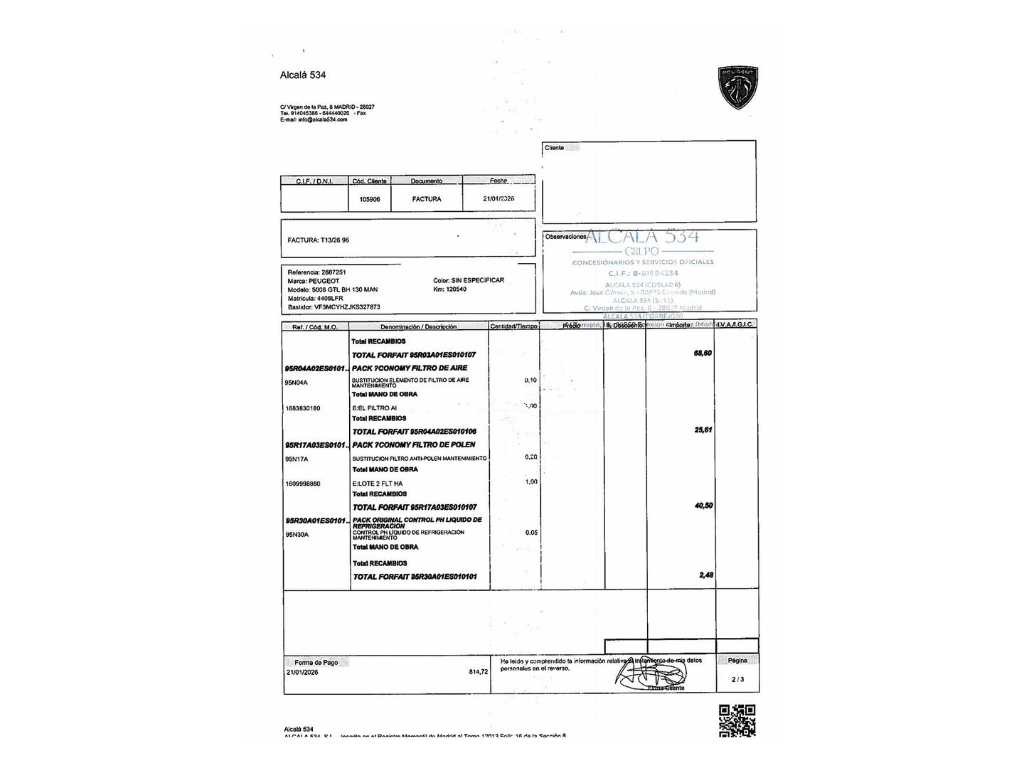 Foto del mantenimiento del Peugeot 5008 Peugeot 5008 1.5 BlueHDi S&S GT Line (130 CV) 7 Plazas