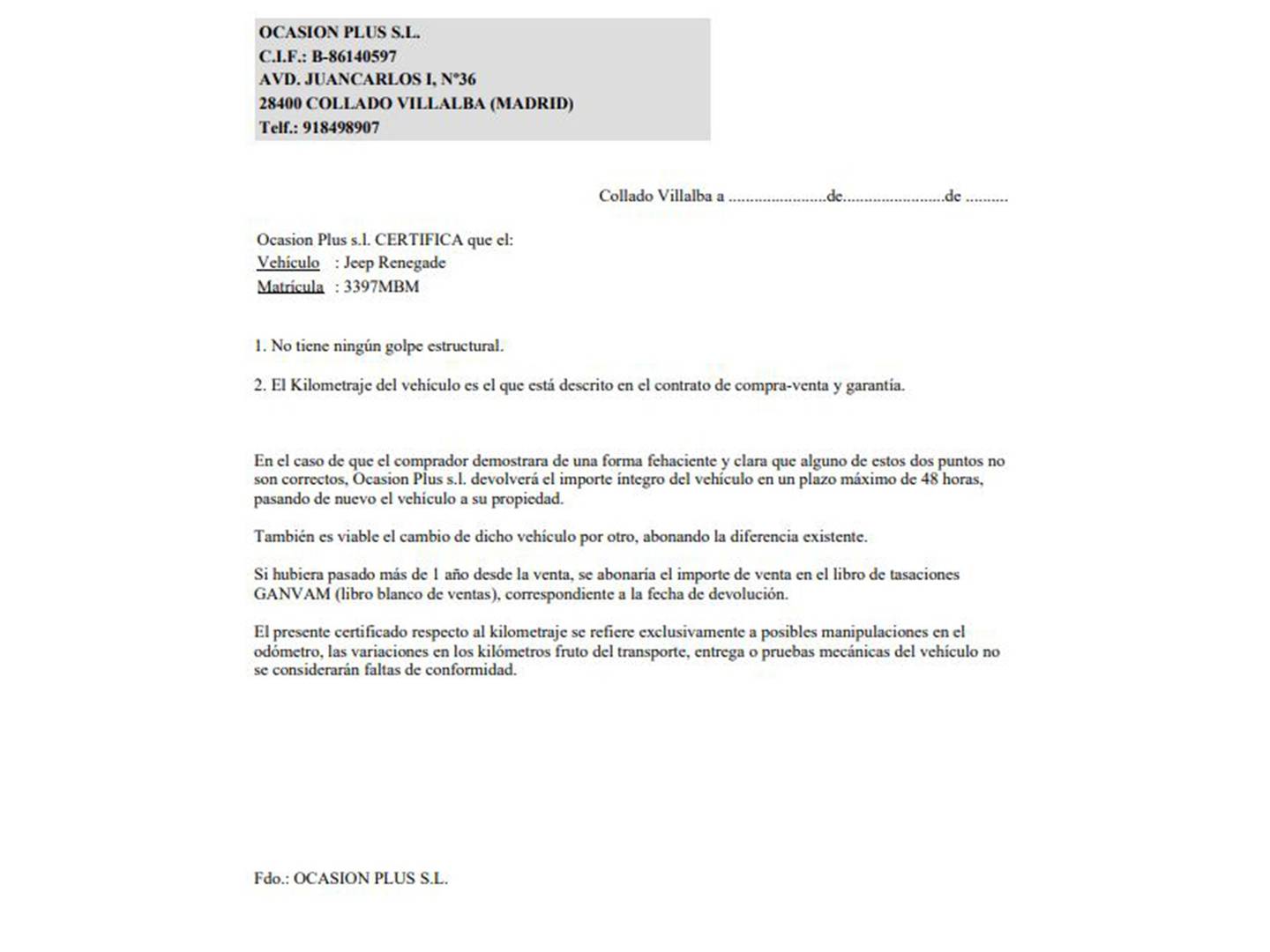 Foto del certificado del Jeep Renegade Jeep Renegade 1.0G Limited 4x2 (120 CV)
