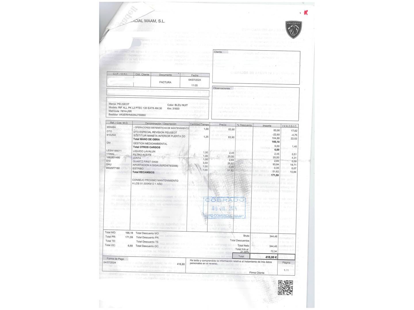 Foto del mantenimiento del Peugeot Rifter Peugeot Rifter PureTech 130 S&S Allure Pack Long EAT8 (130 CV)