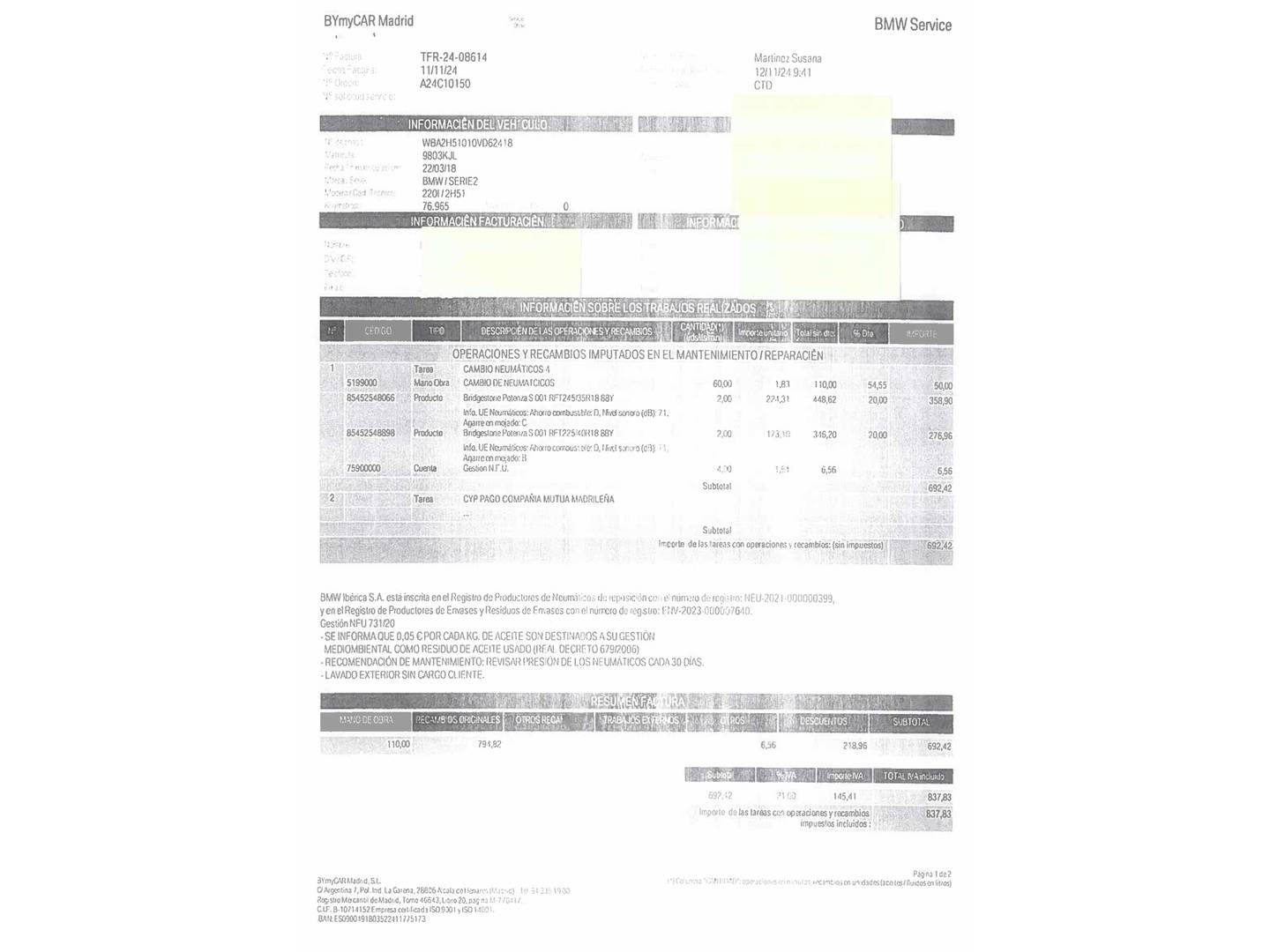 Foto del mantenimiento del BMW Serie 2 BMW Serie 2 220i Coupe (184 CV) Pack M