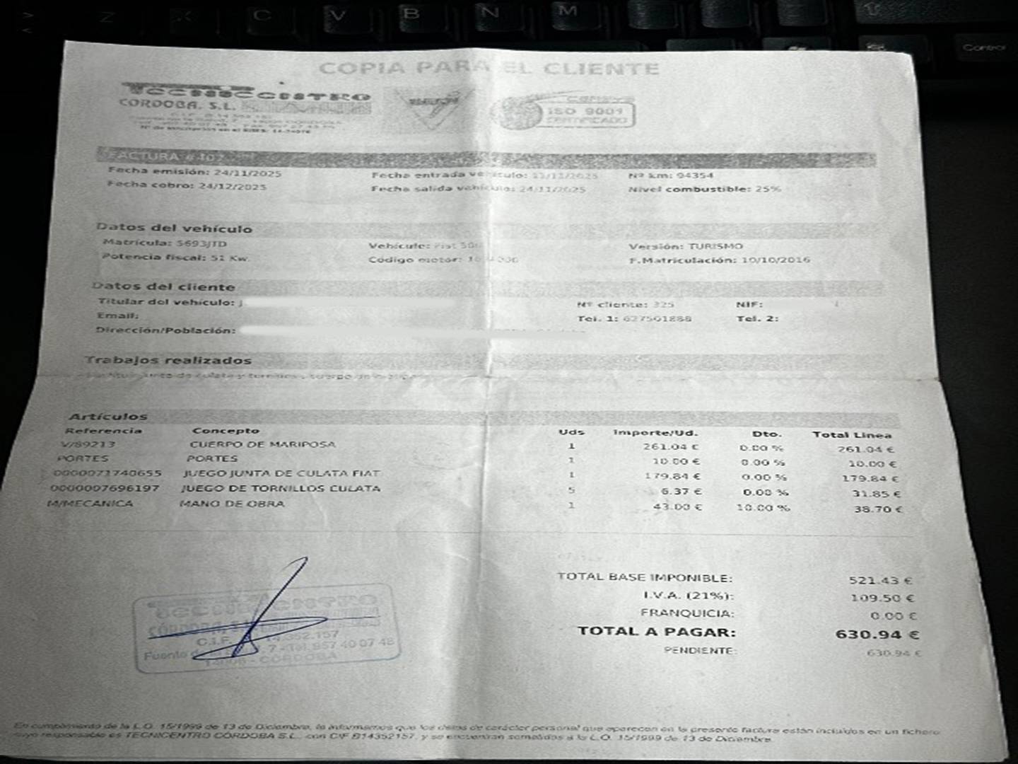 Foto del mantenimiento del Fiat 500 Fiat 500 1.2 8v Lounge  (69 CV)