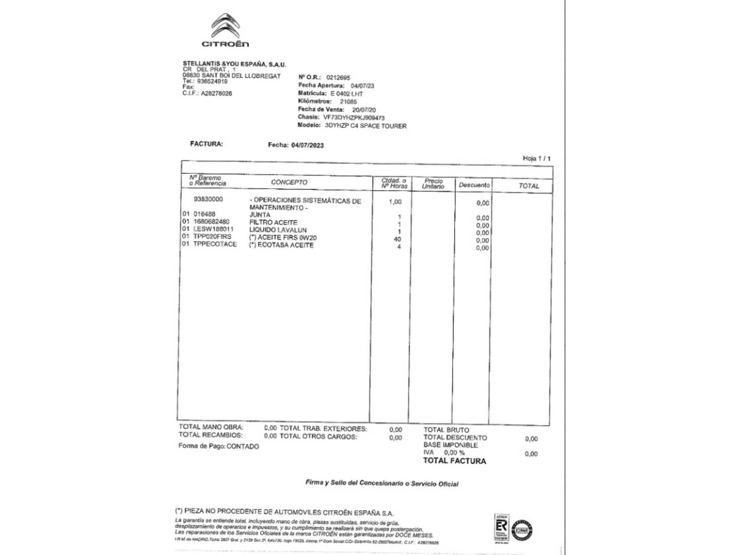 Foto del mantenimiento del Citroën C4 Spacetourer Citroen C4 Spacetourer BlueHDi 130 Origins (130 CV)