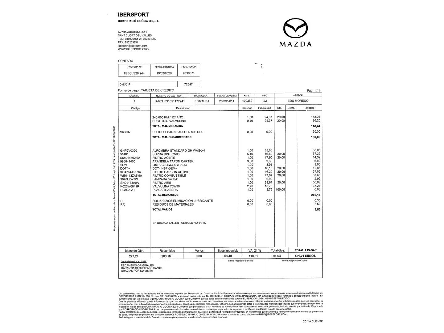 Foto del mantenimiento del Mazda Mazda6 Mazda Mazda 6 2.2 DE WAGON Style + Pack Safety (150 CV)
