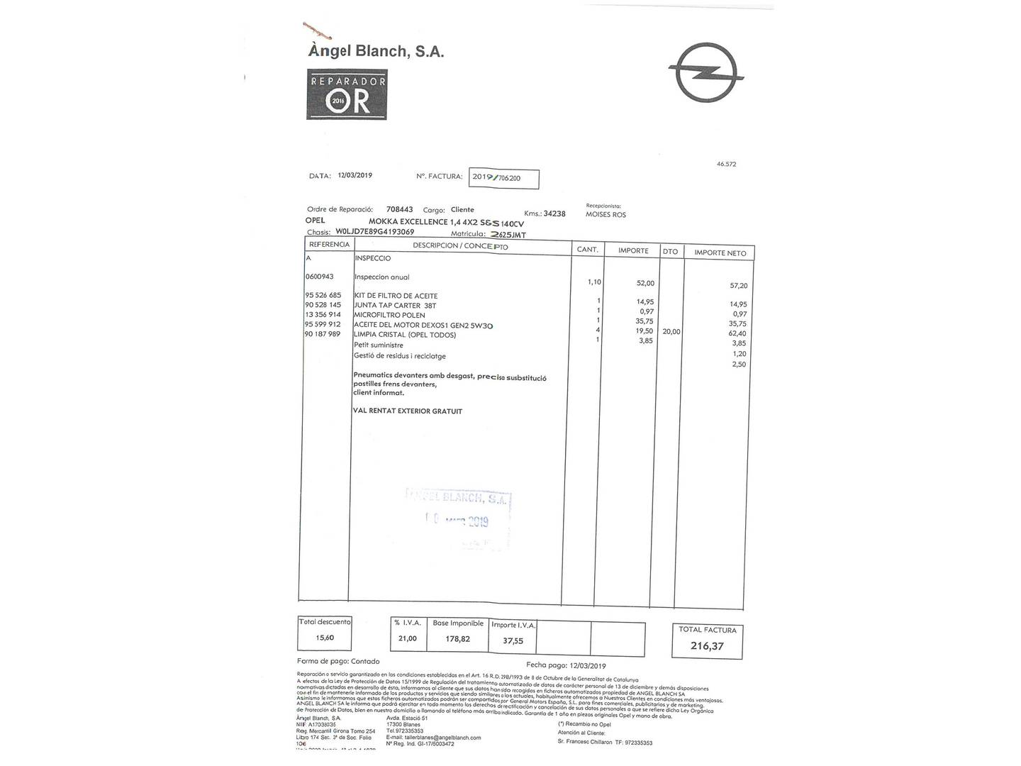 Foto del mantenimiento del Opel Mokka Opel Mokka Mokka 1.4 Turbo S&S Excellence 4x2 (140 CV)