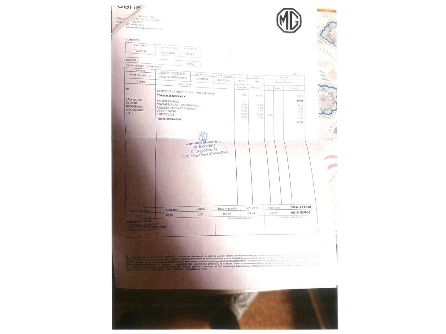 Foto del mantenimiento del MG ZS MG ZS 1.5 Luxury (106 CV)