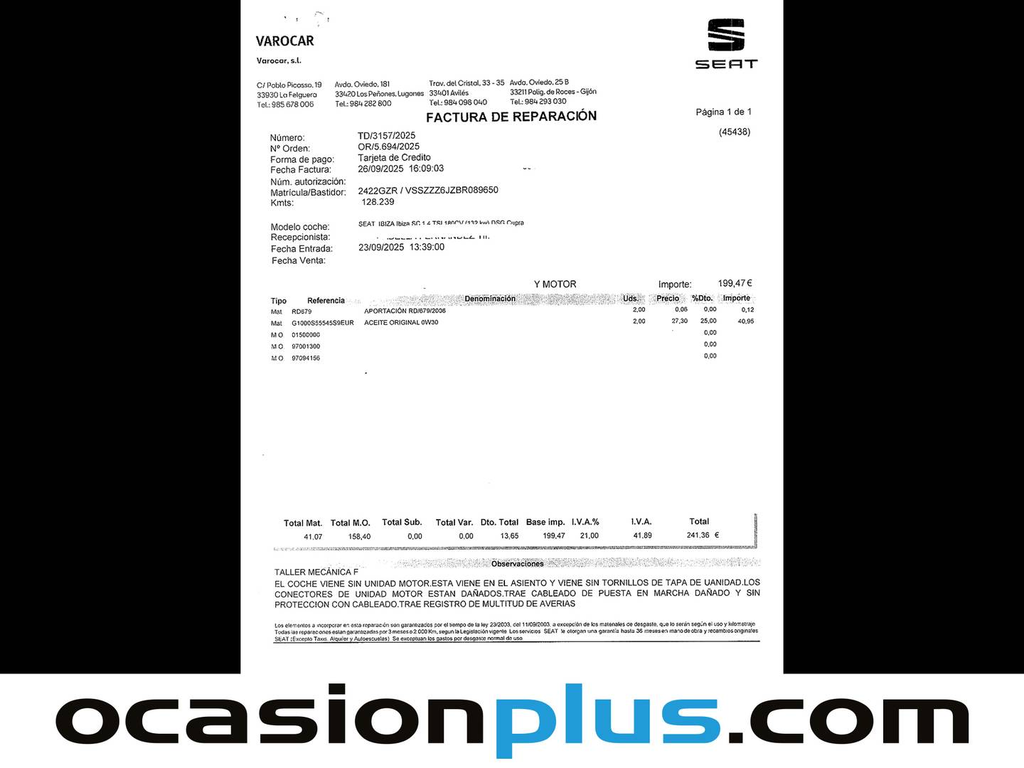 Foto del mantenimiento del Seat Ibiza Seat Ibiza SC 1.4 TSI Cupra DSG (180 CV)