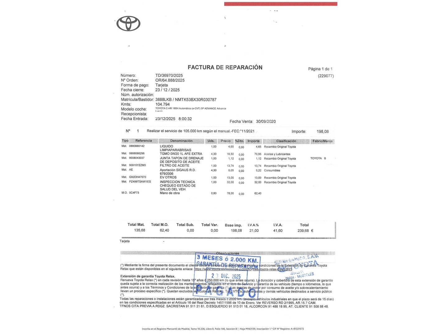 Foto del mantenimiento del Toyota C-HR Toyota C-HR 180H Advance Luxury (184 CV)