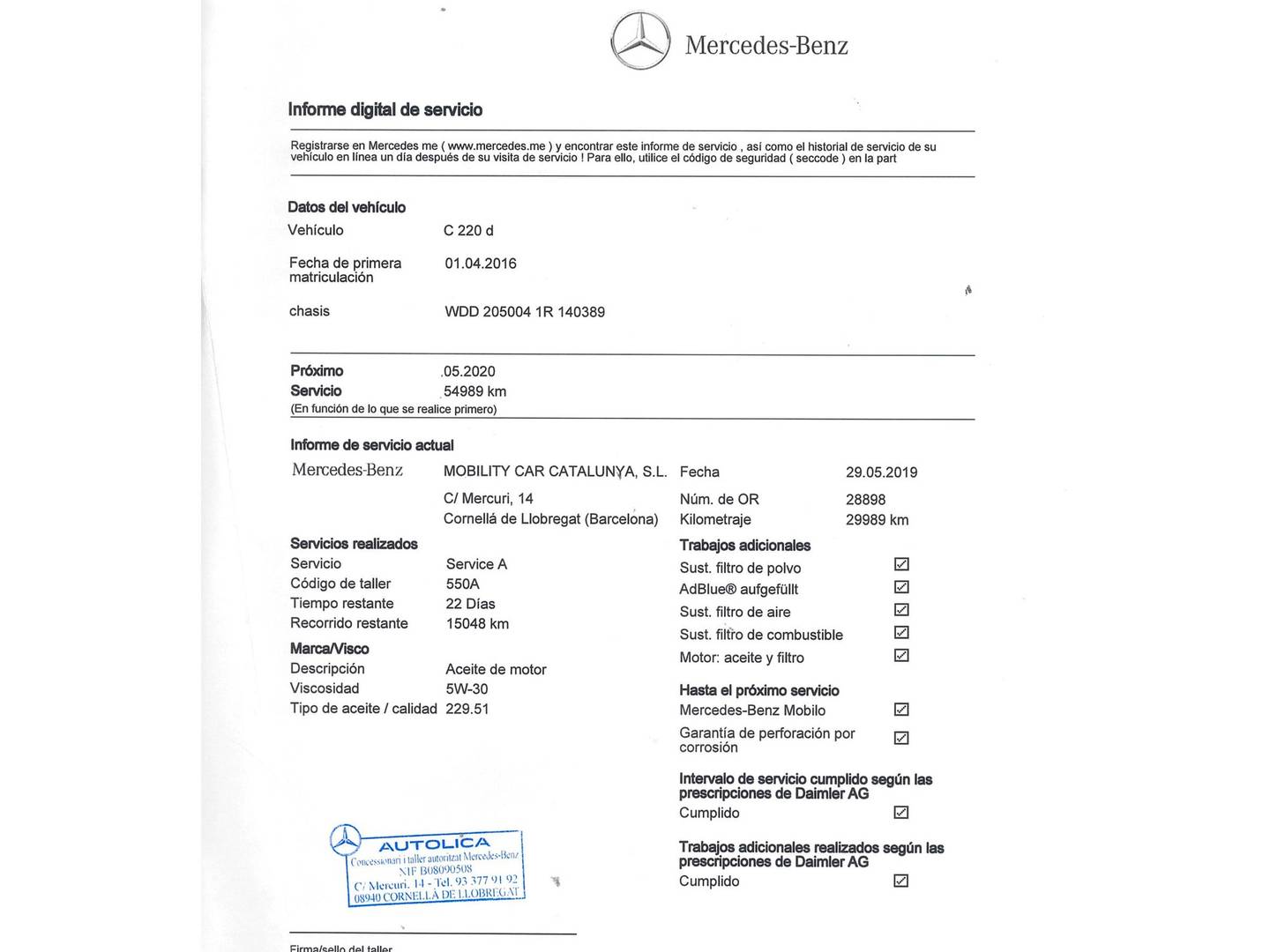 Foto del mantenimiento del Mercedes Clase C Mercedes-Benz Clase C 220 d (170 CV) Pack AMG