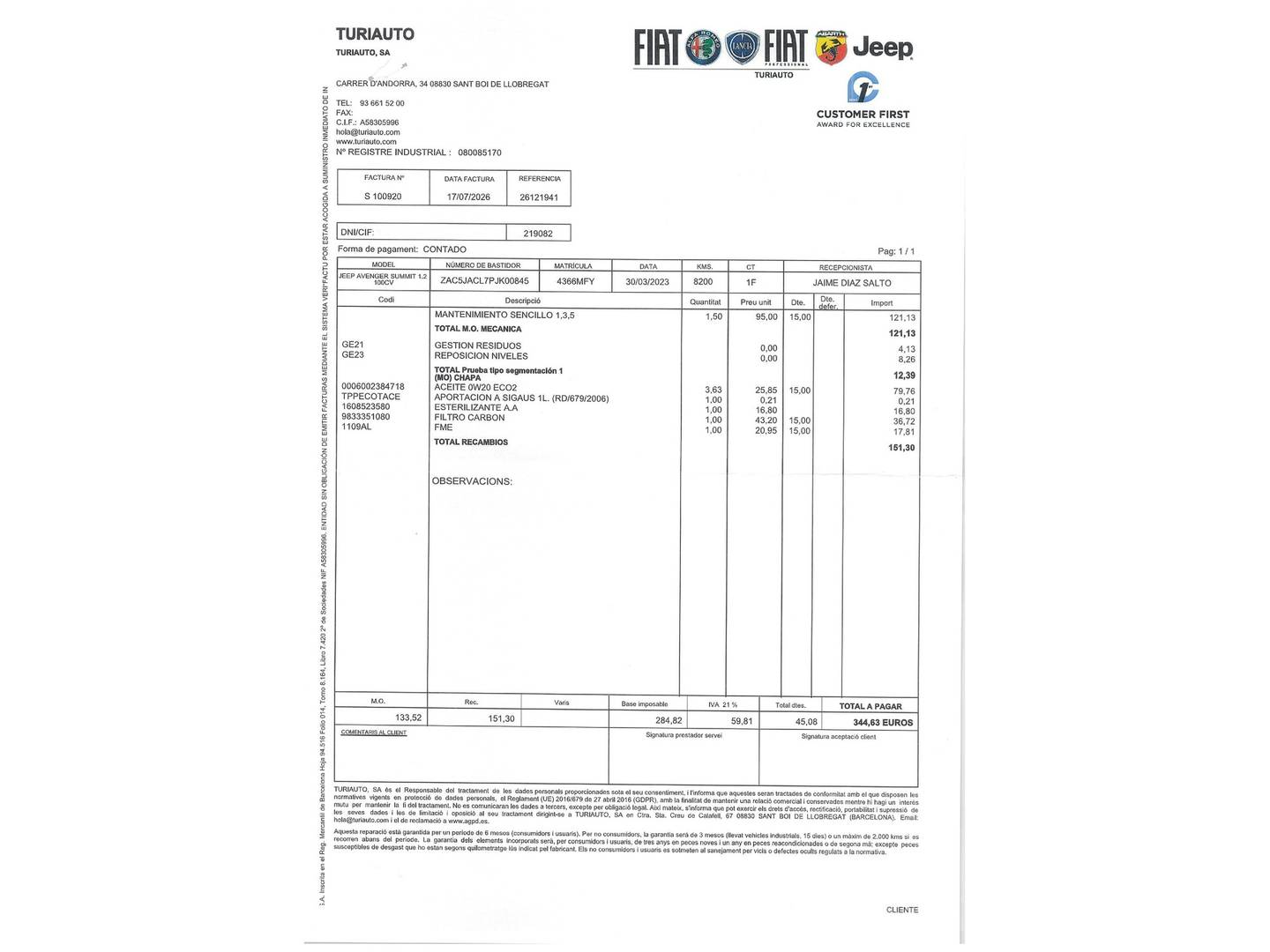 Foto del mantenimiento del Jeep Avenger Jeep Avenger 1.2 G 1st Edition (100 CV)