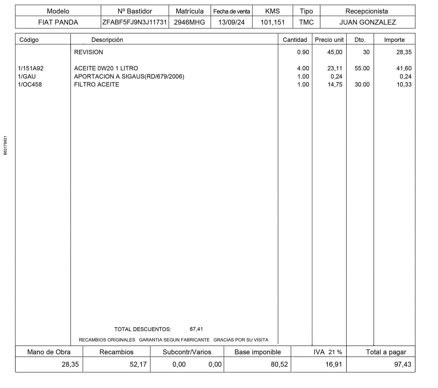 Foto del mantenimiento del Fiat Panda Fiat Panda 1.0 Hybrid Gse Red  (70 CV)