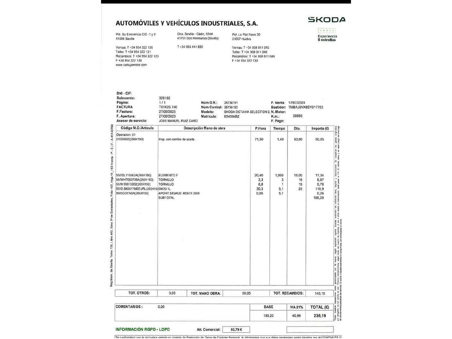 Foto del mantenimiento del Skoda Octavia Skoda Octavia 2.0 TDI Design DSG (150 CV)