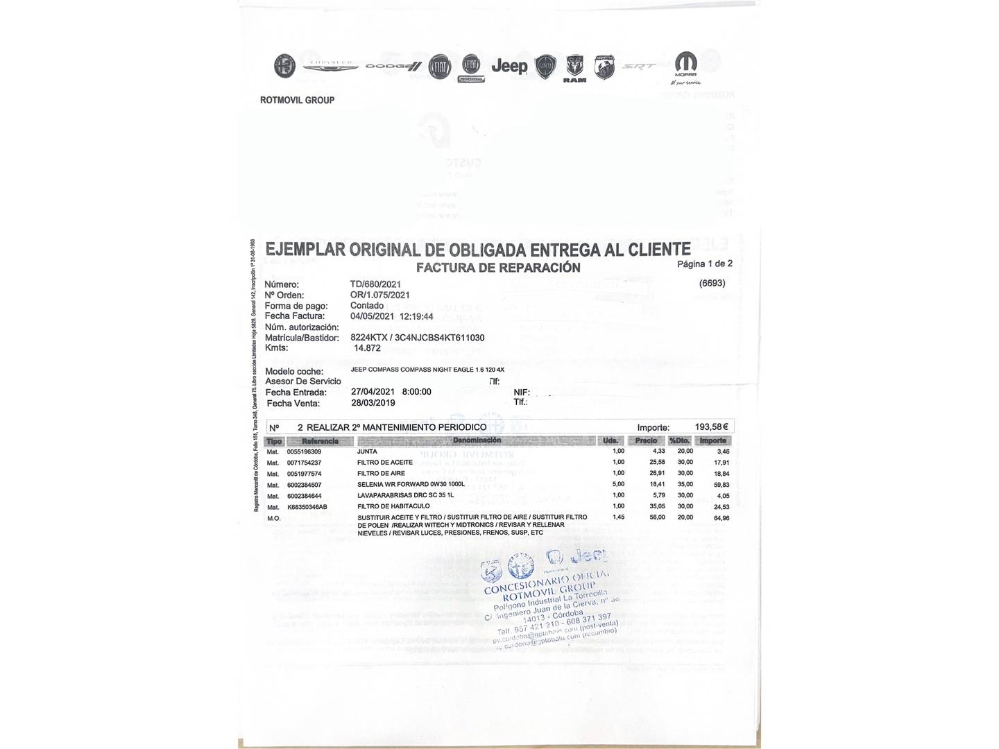 Foto del mantenimiento del Jeep Compass Jeep Compass 1.6 Multijet Night Eagle 4x2 (120 CV)