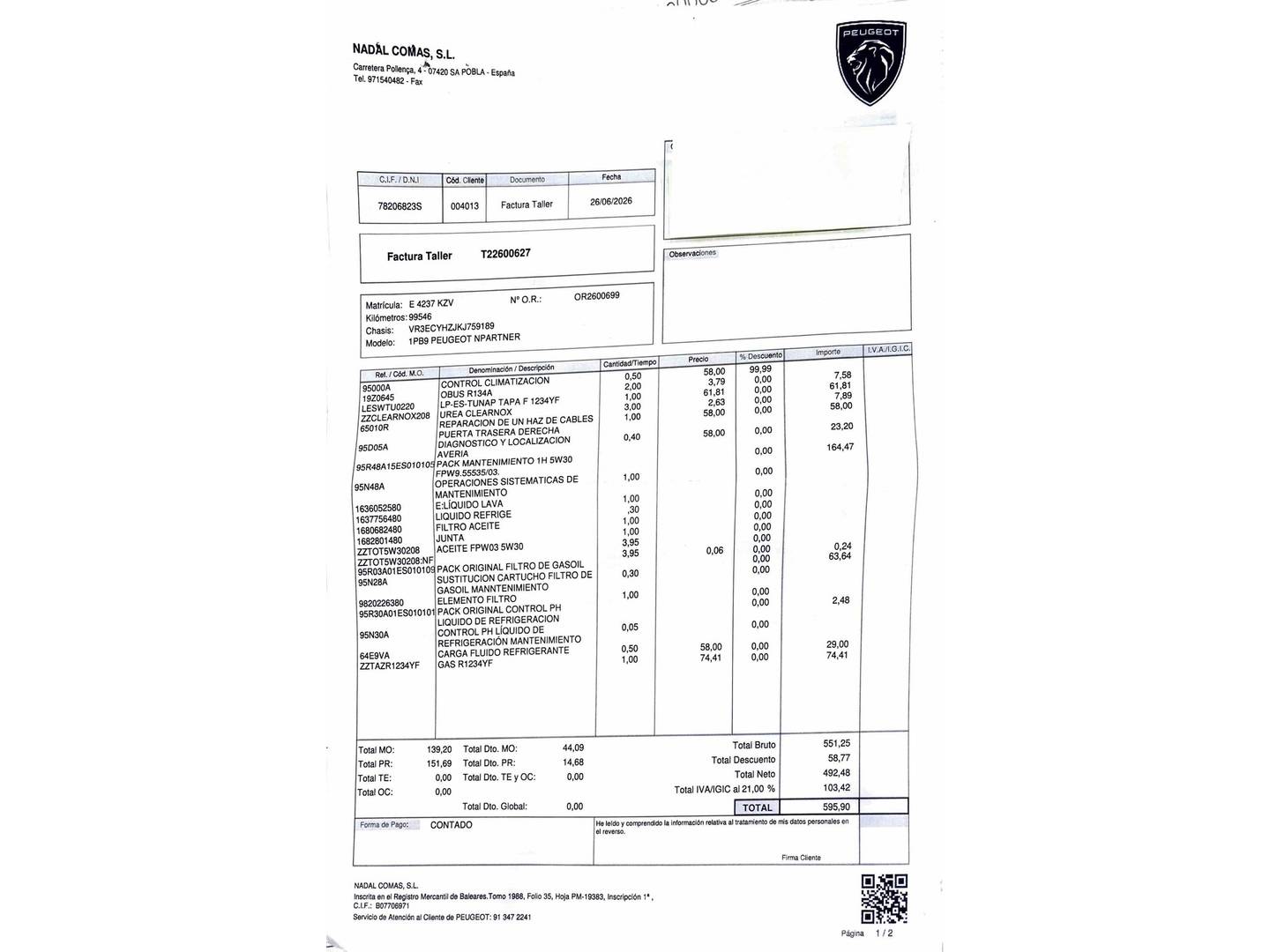 Foto del mantenimiento del Peugeot Rifter Peugeot Rifter BlueHDi 130 S&S Allure Standard (130 CV)