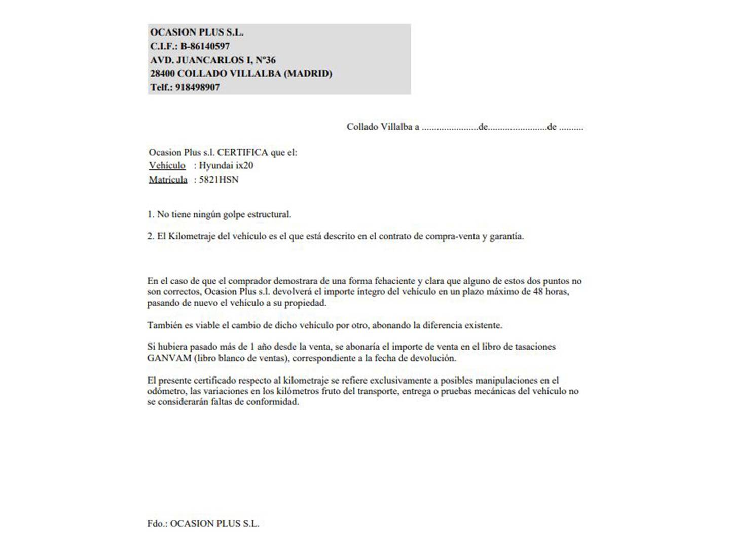 Foto del certificado del Hyundai ix20 Hyundai ix20 1.4 MPI City S (90 CV)