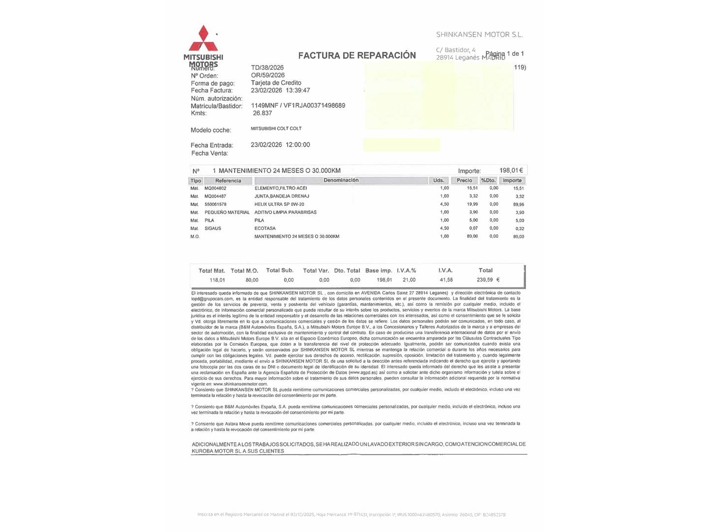 Foto del mantenimiento del Mitsubishi Colt Mitsubishi Colt 160 HEV Kaiteki (143 CV)