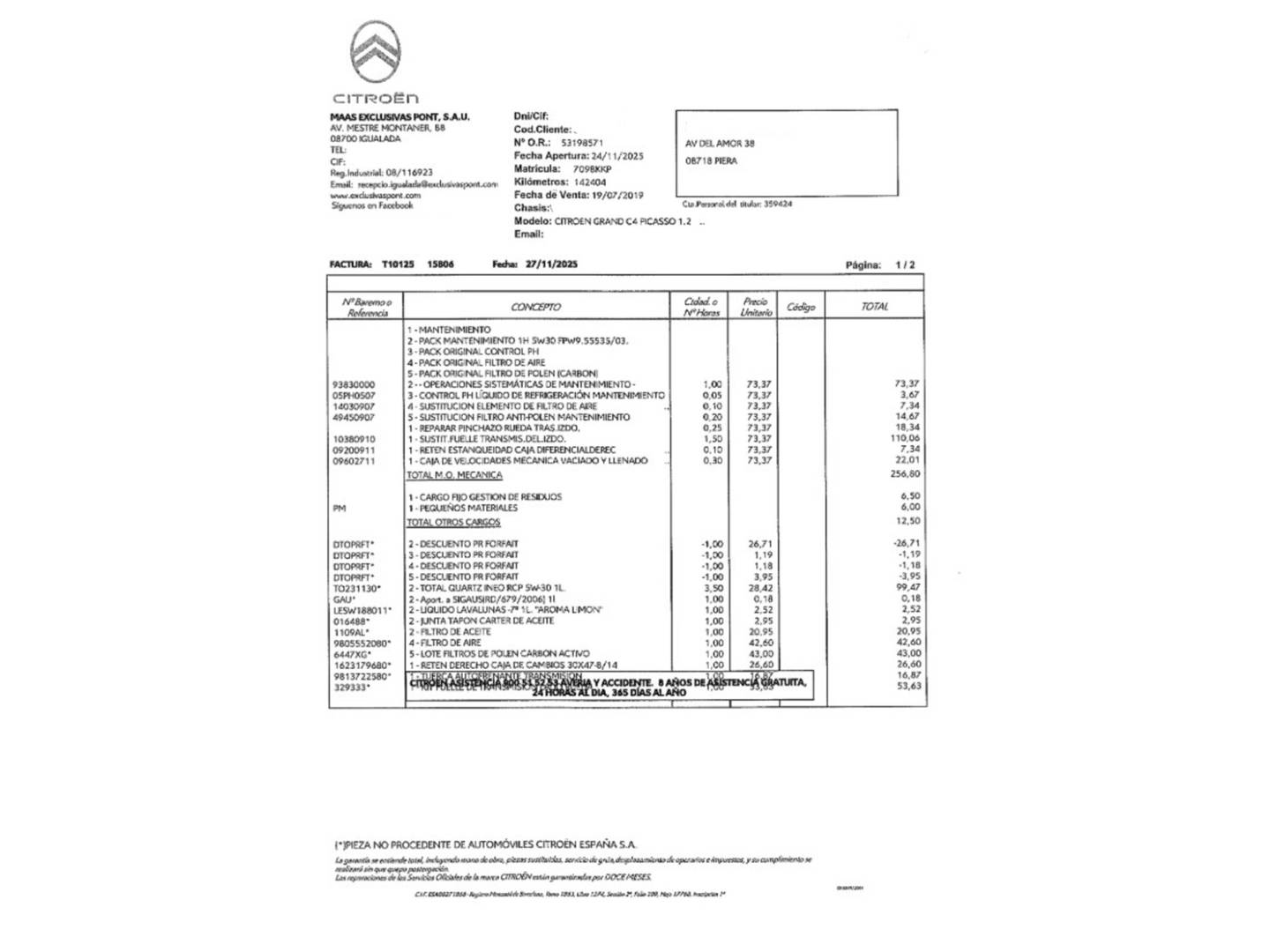 Foto del mantenimiento del Citroën Grand C4 Picasso Citroën Grand C4 Picasso PureTech 130 6v S&S Feel 7 Plazas (130 CV)