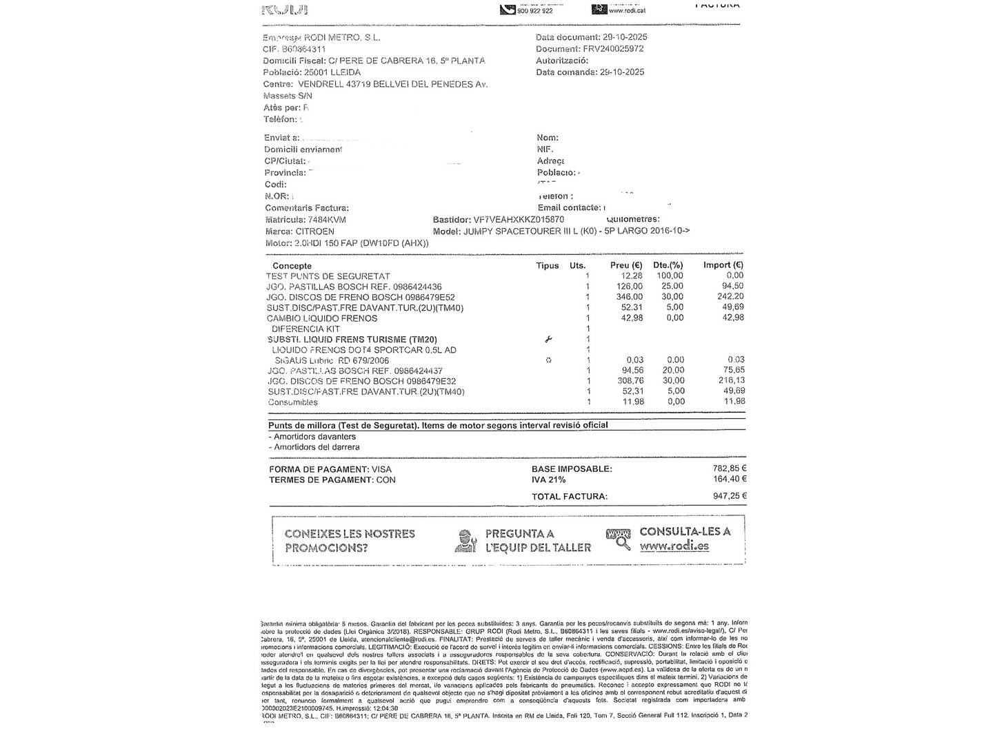 Foto del mantenimiento del Citroën Spacetourer Citroën Spacetourer BlueHDi 150 S&S Feel Talla XL (150 CV) Semi-camper