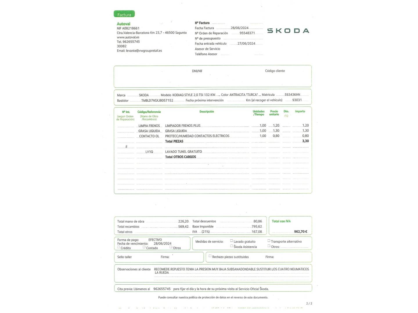Foto del mantenimiento del Skoda Kodiaq Skoda Kodiaq 2.0 TSI Style 4x4 DSG (180 CV)