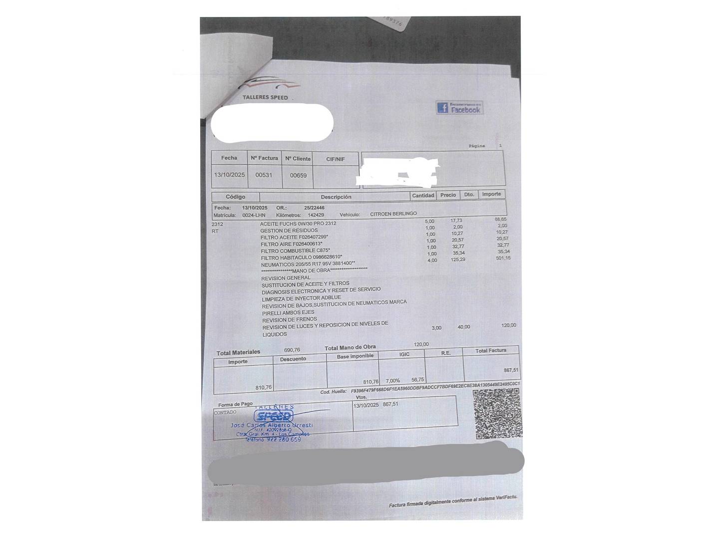 Foto del mantenimiento del Citroën Berlingo Citroën Berlingo BlueHDi 100 S&S Talla M Shine (102 CV) XTR